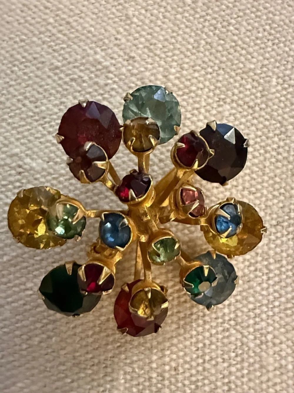 Vintage Floral Multicolor Rhinestone Prong Set Riveted Back Brooch.
